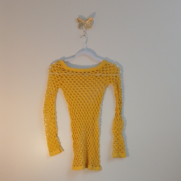 Vintage Retro 80s Punk Grip Yellow Open Net Long Sleeve Top - Picture 14 of 15